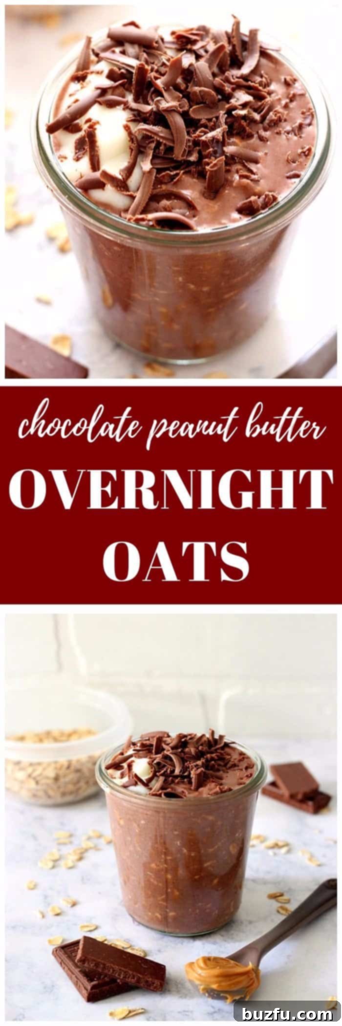 A top-down view of Chocolate Peanut Butter Overnight Oats in a jar with toppings.