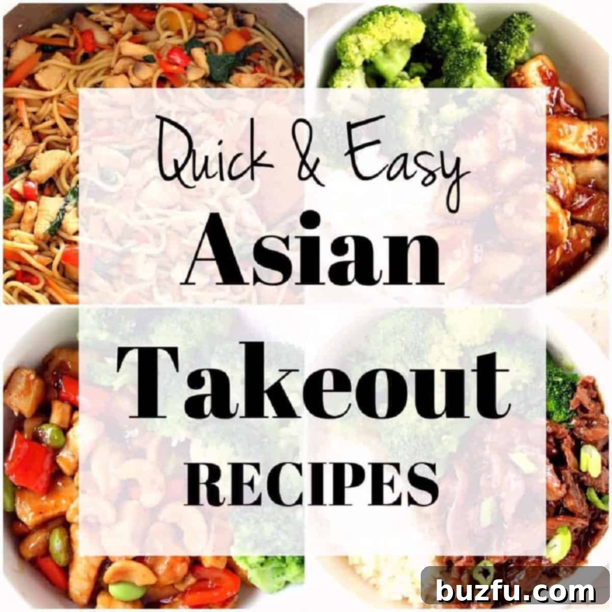 Collage of various homemade Asian dishes, featuring vibrant colors and fresh ingredients, with text overlay 'Easy Asian Takeout at Home'.