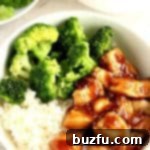 Quick Teriyaki Chicken in a white bowl served with rice and broccoli.