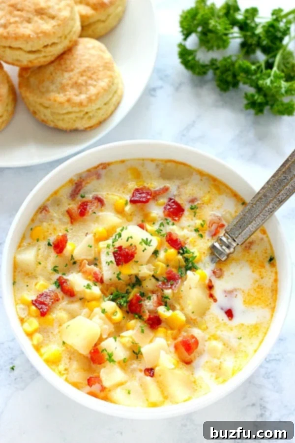 Instant Pot corn chowder in a bowl with spoon, garnished with bacon and fresh parsley.