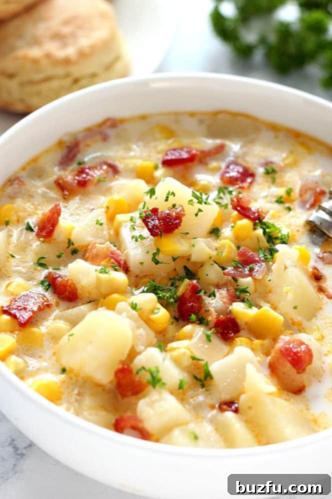 Close up shot of Instant Pot corn chowder with crispy bacon and fresh herbs in a white bowl.