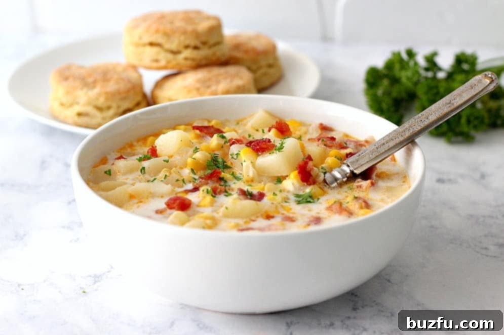 Side shot of a white bowl with Instant Pot corn chowder, garnished, with biscuits in the background.