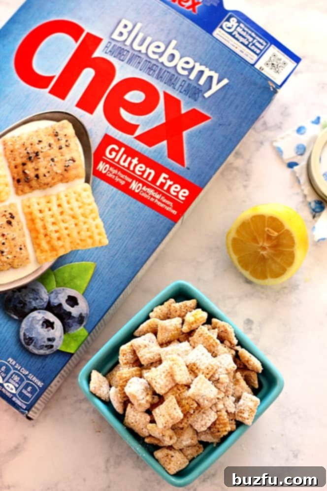 Blueberry CHEX Cereal for delicious blueberry lemon muddy buddies and a healthy breakfast option.