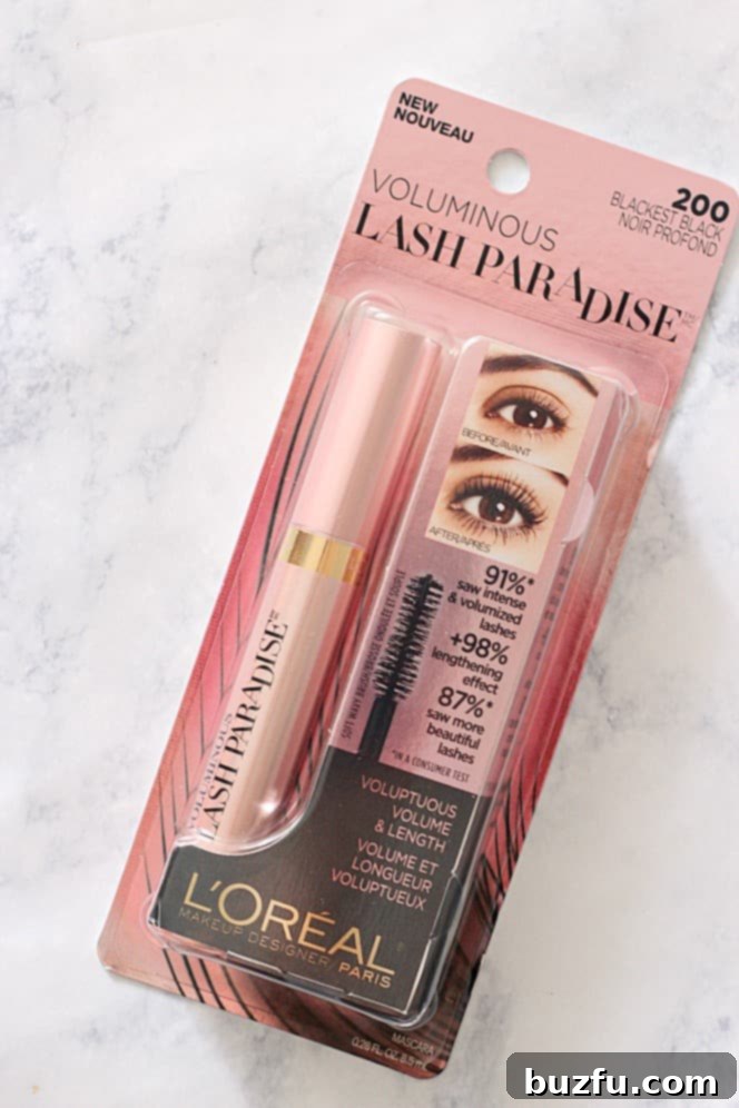 L'Oreal Voluminous Lash Paradise Mascara for dramatic length and volume, a drugstore beauty favorite.