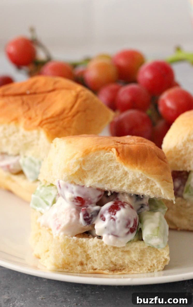 Easy Chicken Salad with Grapes, celery and cranberries, tossed with light sour cream dressing. Perfect lunch you can make ahead and enjoy served in sweet rolls. Side shot of Hawaiian rolls with chicken salad with grapes on white plate, ready to be eaten.