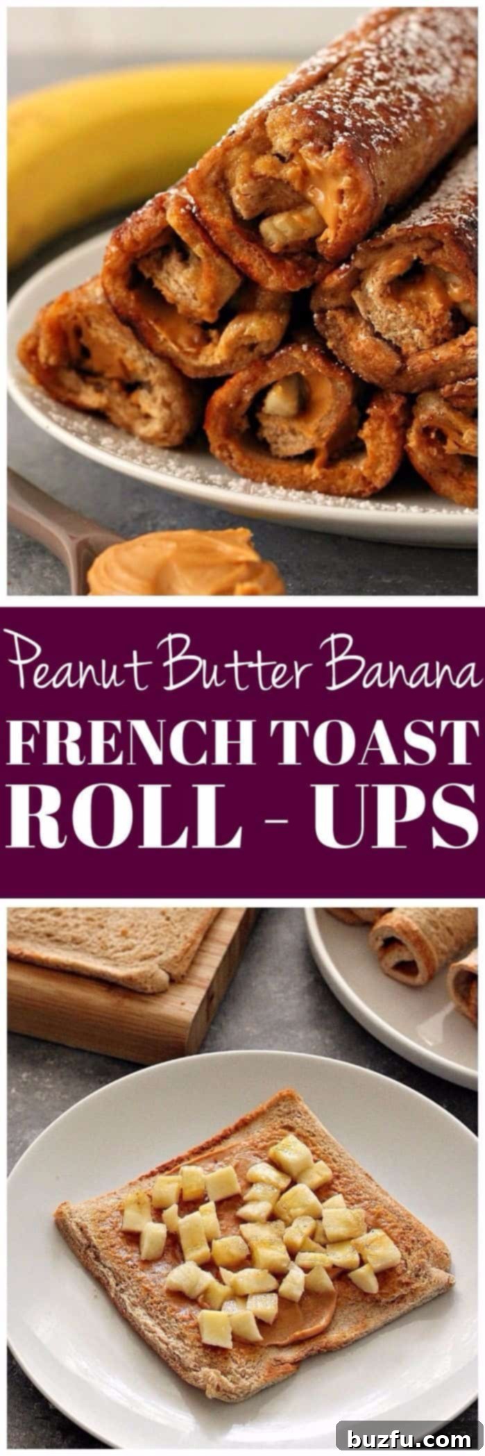 Stacked Peanut Butter Banana French Toast Roll Ups on a serving plate, garnished with powdered sugar.