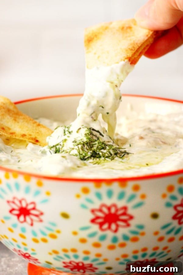 Easy Tzatziki Sauce - creamy Greek yogurt dip, perfect with pita chips or as a Gyros sauce. Side shot of pita chip dipped in tzatziki sauce in bowl, highlighting the perfect consistency for dipping.