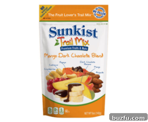 An assortment of Sunkist real fruit snacks, including various trail mix blends and fruit chips, perfect for healthy snacking.