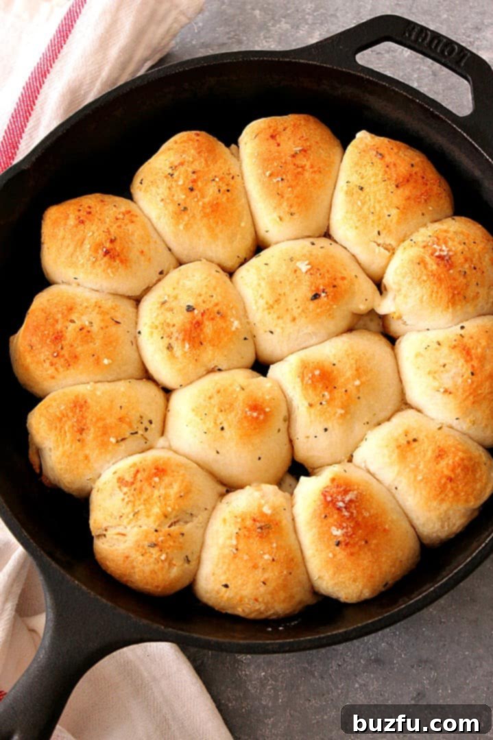Skillet Pizza Rolls: The Ultimate Appetizer! Close-up view of Easy Skillet Pizza Rolls in a cast iron skillet, ready to be served, highlighting their golden crust and savory fillings.