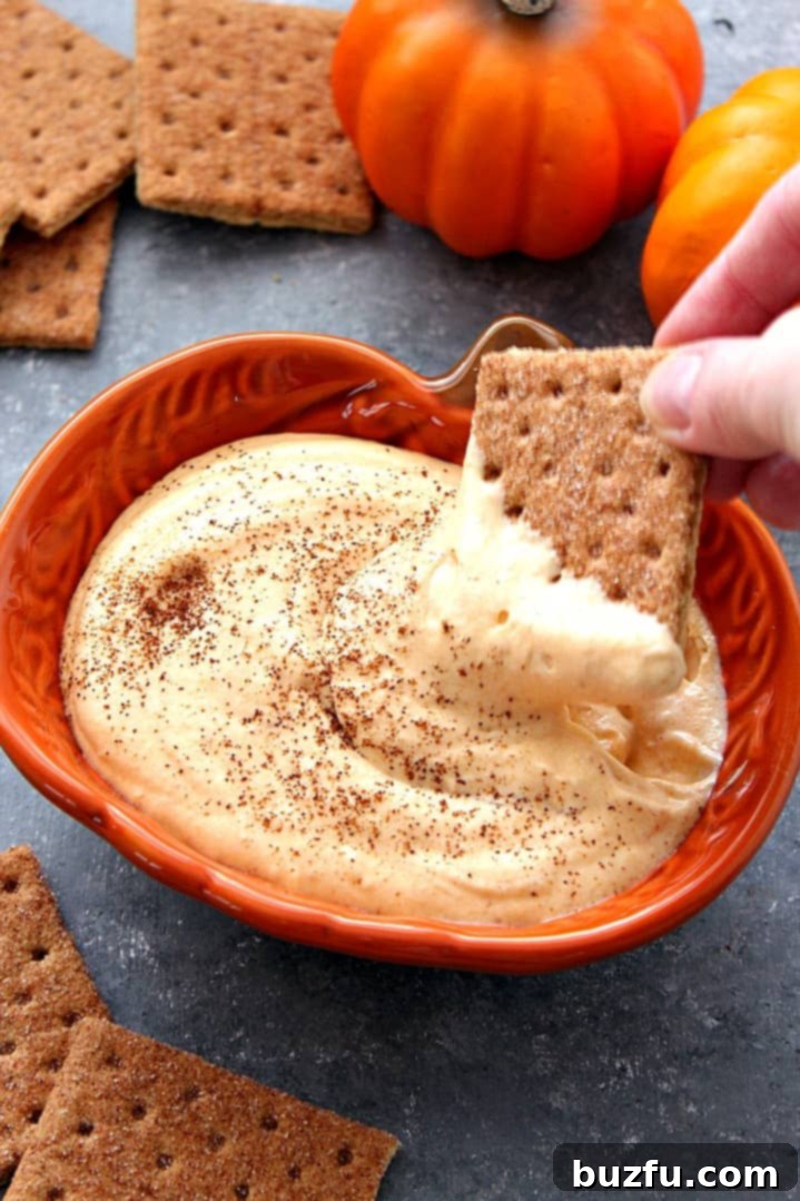 Easy Pumpkin Cheesecake Dip - the perfect sweet and creamy treat for fall gatherings. Side shot of pumpkin cheesecake dip in a pumpkin-shaped dish with a graham cracker dipped in it, ready to be enjoyed.