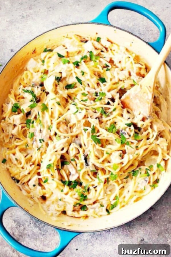 One Pot Turkey Tetrazzini Recipe: A rich and creamy pasta dish with leftover turkey, cooked entirely in one pan for ultimate convenience and flavor. Tukey Tetrazzini in cast iron pan, showing the rich, creamy texture of the pasta dish.