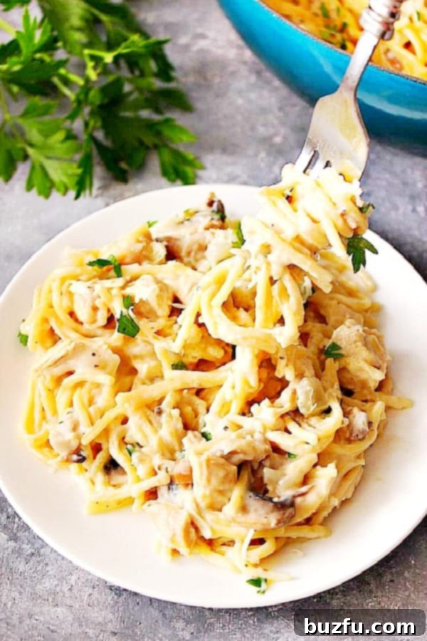 Enjoying homemade Turkey Tetrazzini, a perfect way to use up Thanksgiving turkey leftovers. A serving of Turkey Tetrazzini on a white plate, garnished with fresh herbs.
