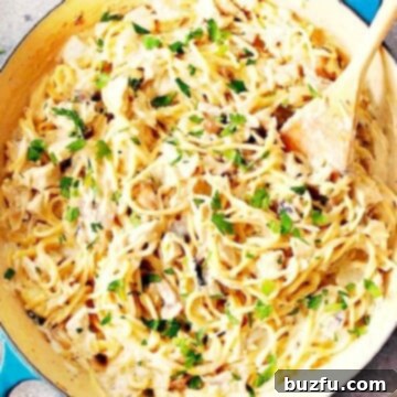 Effortless One-Pot Turkey Tetrazzini 2 Tukey Tetrazzini in cast iron pan.