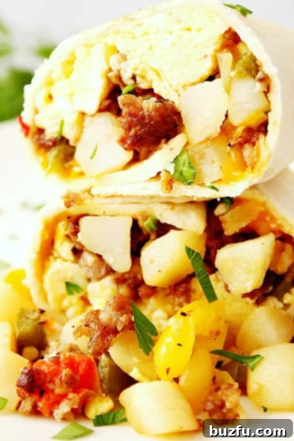 Freezer Breakfast Burritos stacked on white board.