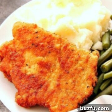 Breaded pork cutlet with mashed potatoes on plate.