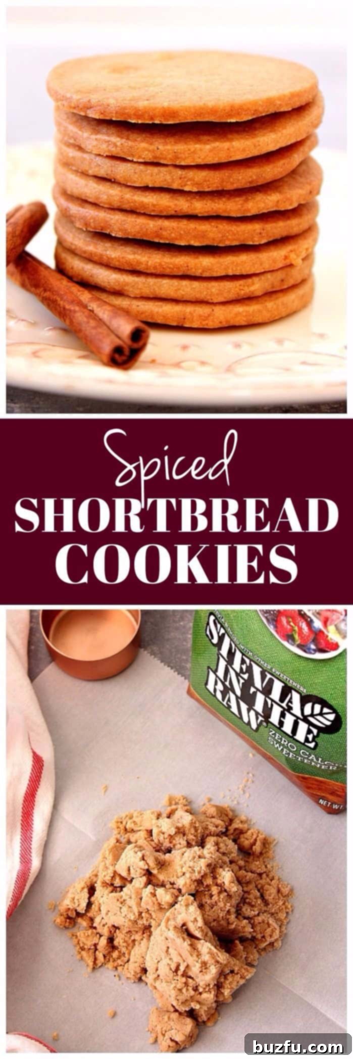 Photo collage showcasing Spiced Shortbread Cookies, including dough, baked cookies, and stacked cookies with spices.