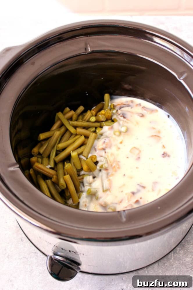 How to make green bean casserole in a slow cooker. Ingredients for green bean casserole in a slow cooker.