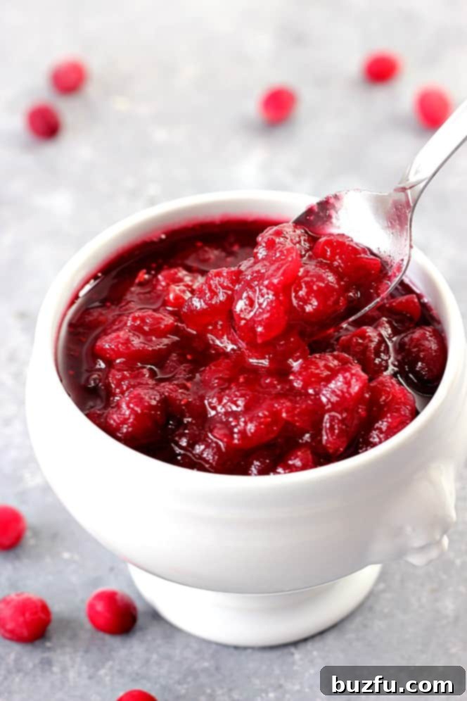 Homemade Cranberry Sauce in a white elegant serving dish, garnished with fresh cranberries.