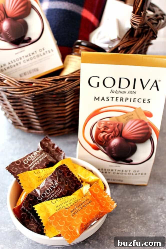 A curated welcome basket featuring a blanket, journal, coffee cup, and chocolates, creating a cozy atmosphere.