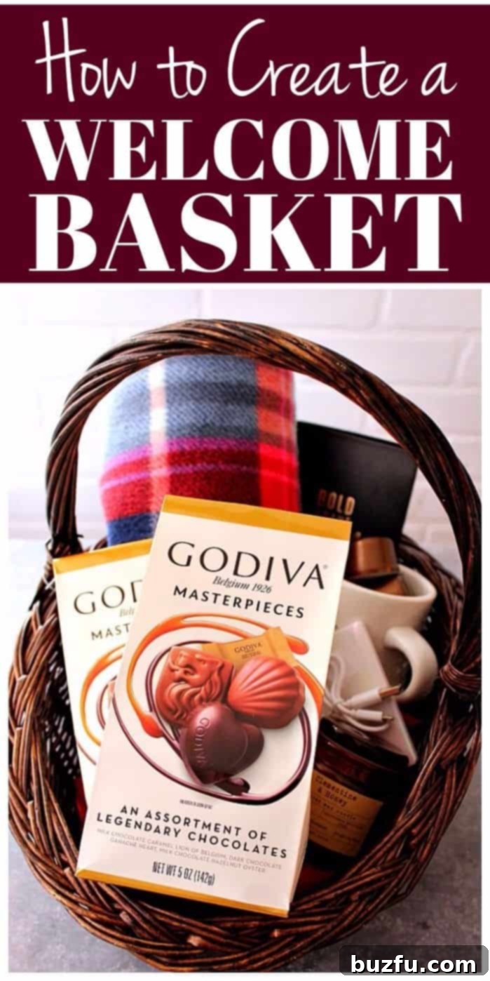 Another perspective of the inviting guest welcome basket with Godiva chocolates.