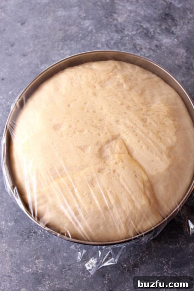 Yeast dough rising in a bowl, showing its increased volume and airy texture, ready for the next step in the Dinner Rolls recipe.