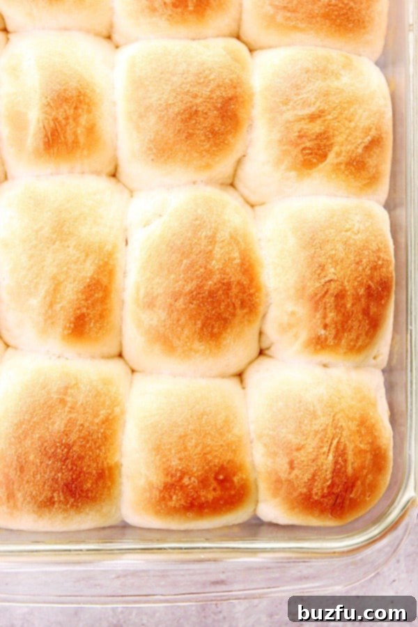 Homemade Dinner Rolls baked to golden perfection in a glass pan, ready to be served.