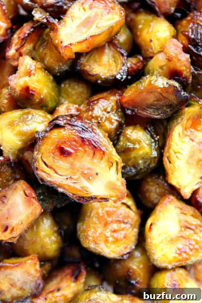 Close-up shot of vibrant roasted Brussels sprouts, beautifully tossed with a glistening honey balsamic dressing.
