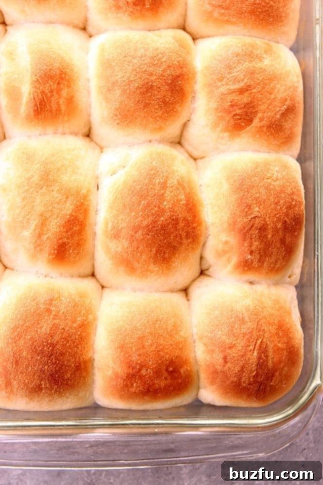 A basket full of golden-brown, soft homemade dinner rolls, perfectly baked.