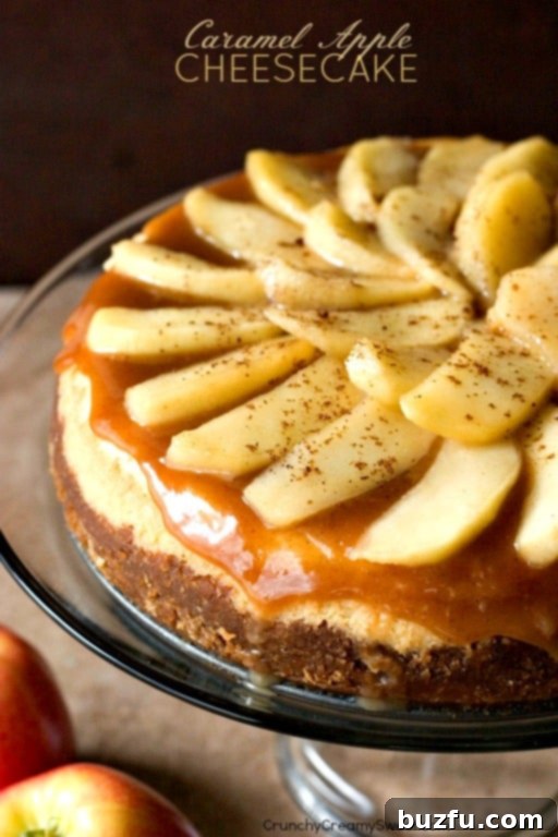 A generous slice of Caramel Apple Cheesecake, showcasing its creamy texture and luscious caramel and apple topping.