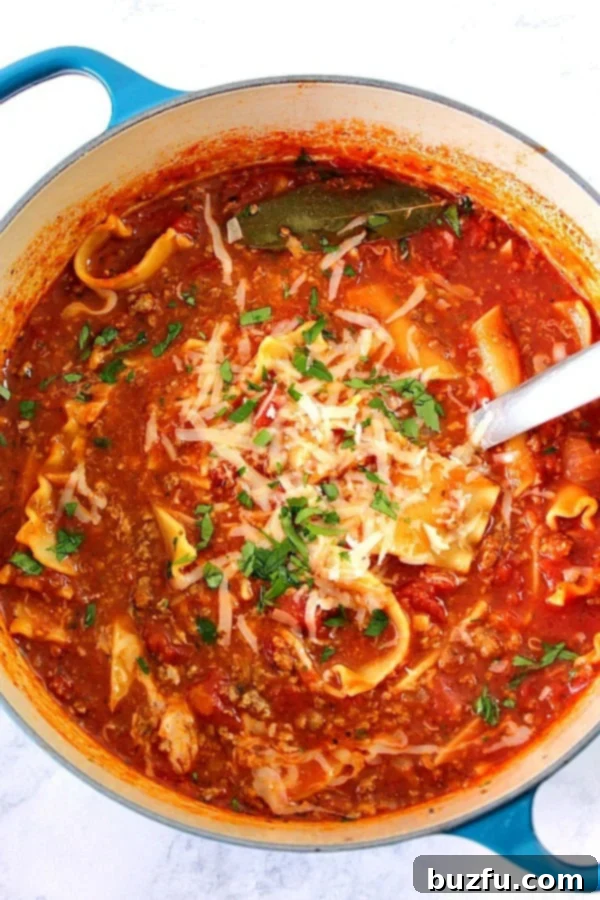 Overhead shot of hearty lasagna soup in a Dutch oven, ready to be served, topped with fresh cheese and herbs.