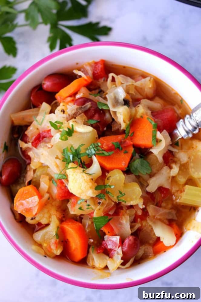 Instant Pot vegetable soup in a bowl with spoon, ready to be enjoyed.