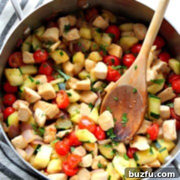Prepared Easy Chicken Skillet with Vegetables, garnished with fresh herbs