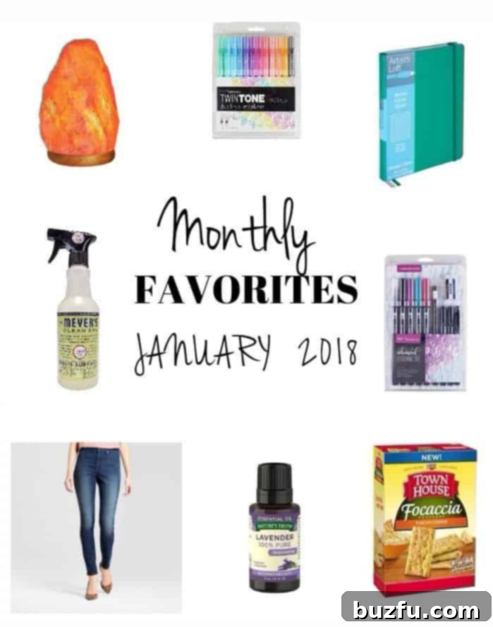 A vibrant collection of monthly favorite items for January 2018, featuring fashion, home decor, wellness, and culinary products.