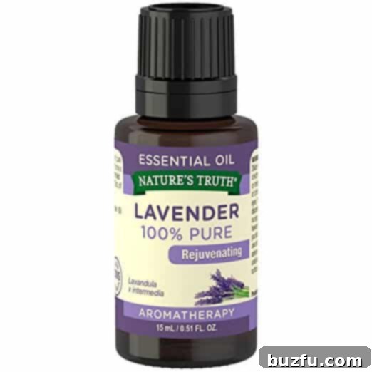 A Himalayan salt lamp glowing softly next to a bottle of Nature's Truth Lavender Essential Oil, creating a calming ambiance.