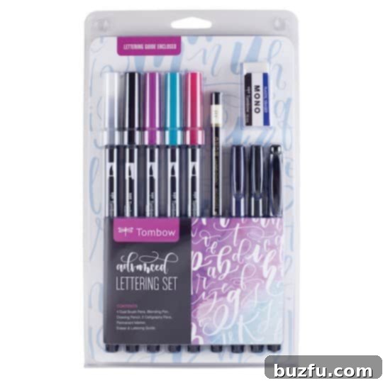An open Tombow Lettering Set displaying various brush pens, blending tools, and calligraphy pens, ready for artistic creation.