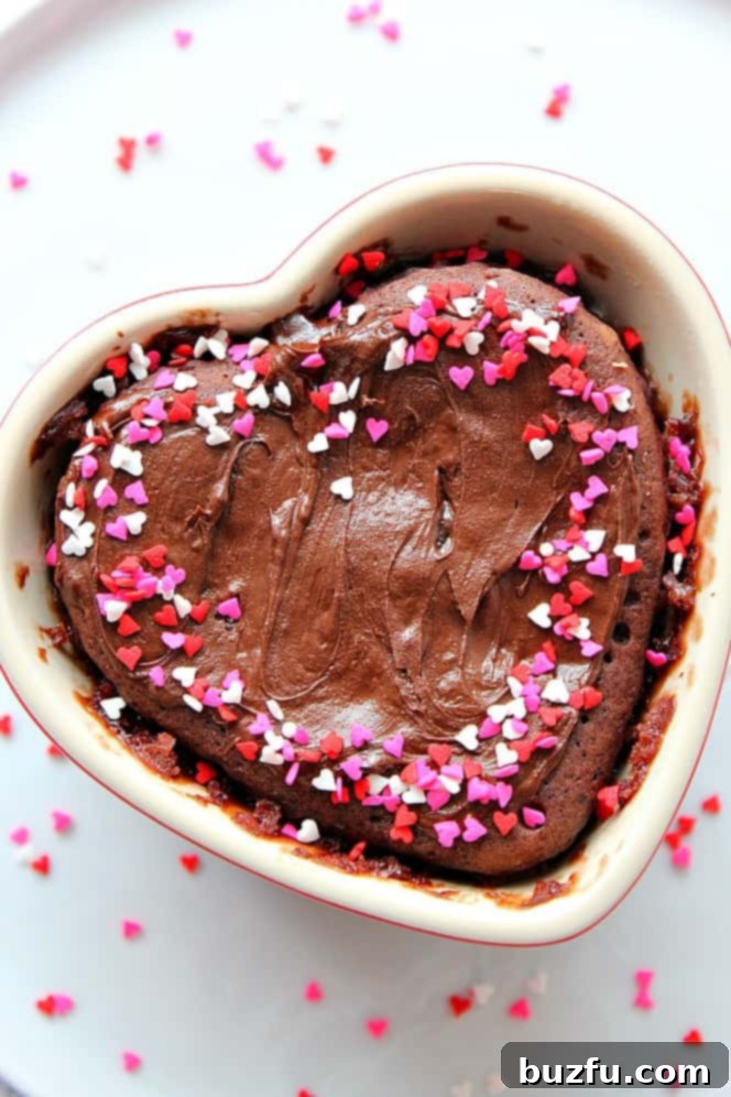 Decadent chocolate mug cake for two, beautifully presented in a heart-shaped ramekin, ready to be enjoyed.