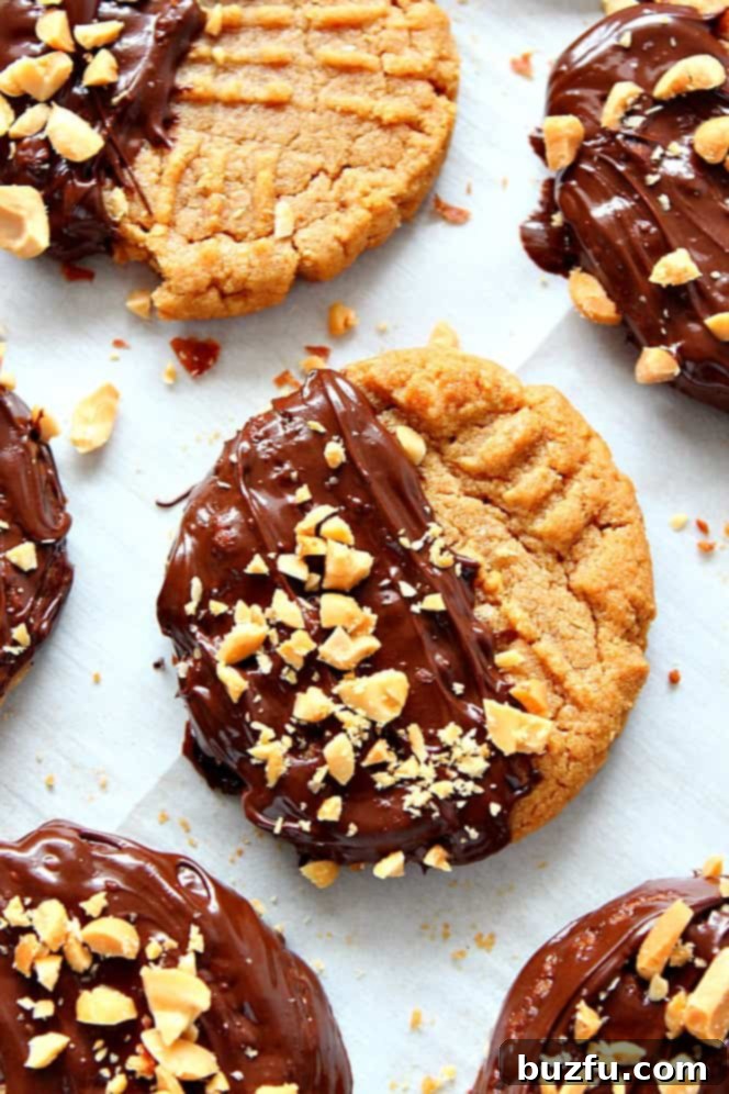 Peanut butter cookies with chocolate and peanuts on a baking sheet, ready to be enjoyed.