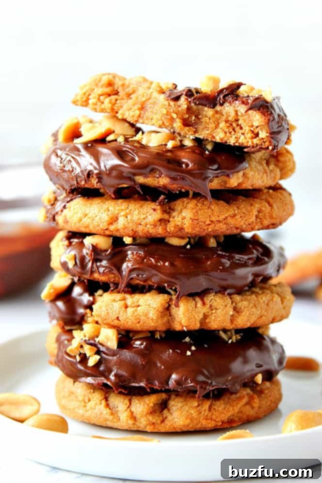 Stacked chocolate-dipped peanut butter cookies with chopped peanuts, showcasing their rich texture.