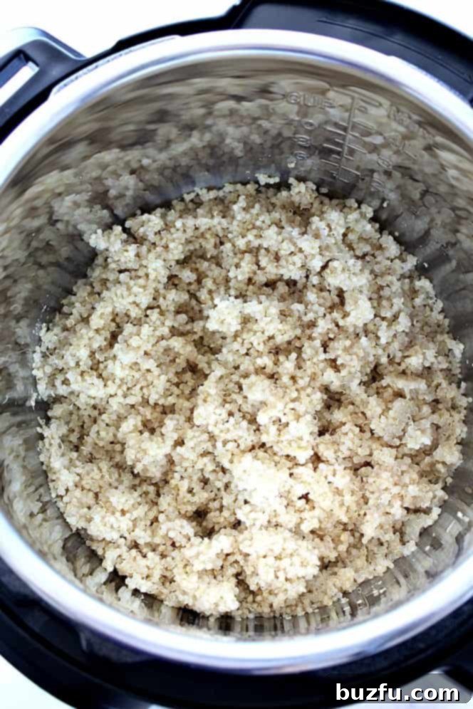 1-Minute Instant Pot Quinoa Recipe - the fastest way to cook perfectly fluffy quinoa in your pressure cooker! Great time-saver for meal prep or busy weeknights. cooked quinoa in pressure cooker