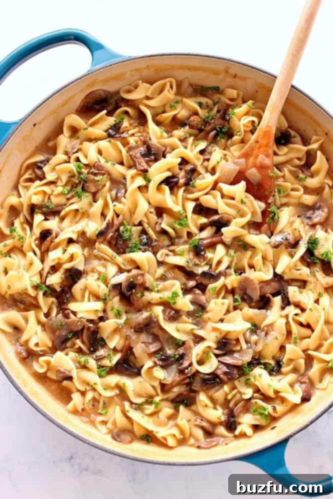 Delicious mushroom stroganoff simmering in a skillet, ready to be served over noodles.