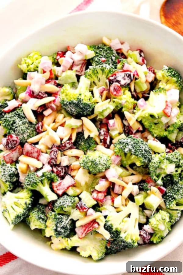 A large white bowl filled with Easy Broccoli Salad, featuring vibrant green broccoli florets, red onion, and cranberries.