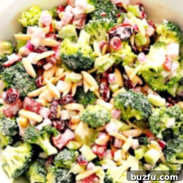 Easy Broccoli Salad in a white bowl.