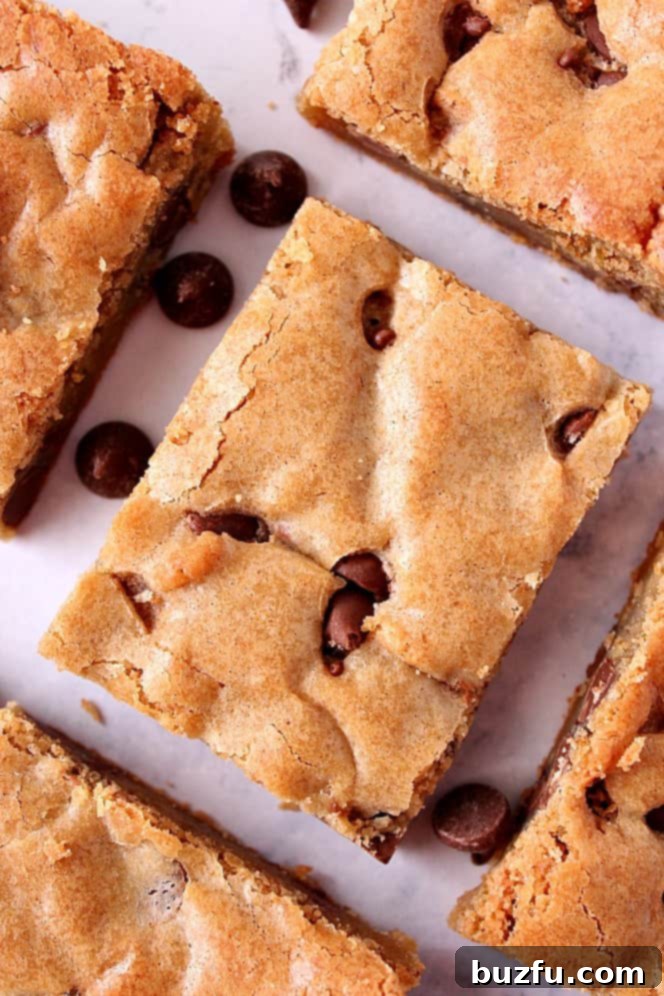 Overhead shot of freshly baked chocolate chip blondies in a baking pan, ready to be cut into squares.