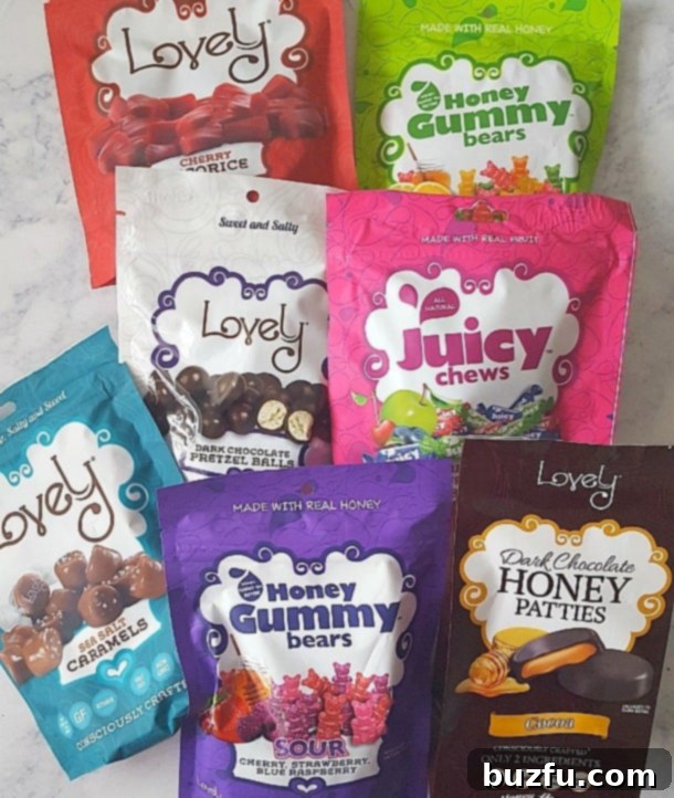 Lovely Candy Company - Our family's preferred sweet treats. A vibrant selection of Lovely Candy Company treats, including gummy bears, sea salt caramels, and dark chocolate honey patties.