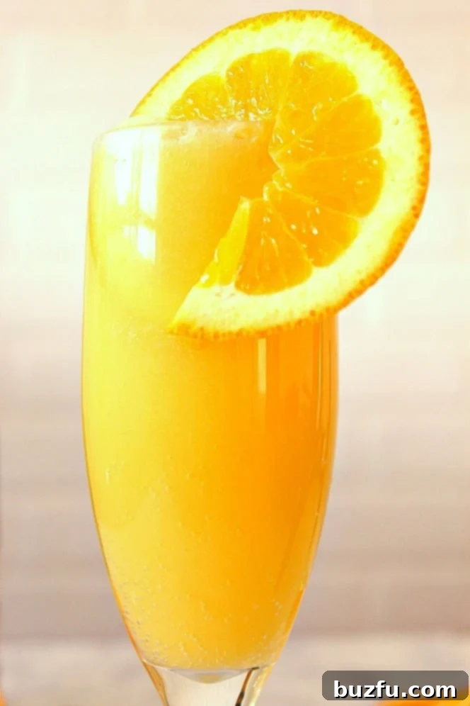 close up of orange mimosa in glass with orange slice