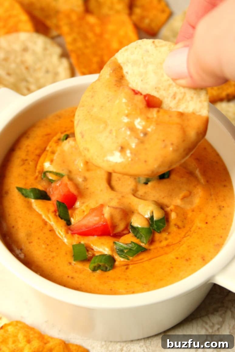 queso in a bowl, hand holding a chip