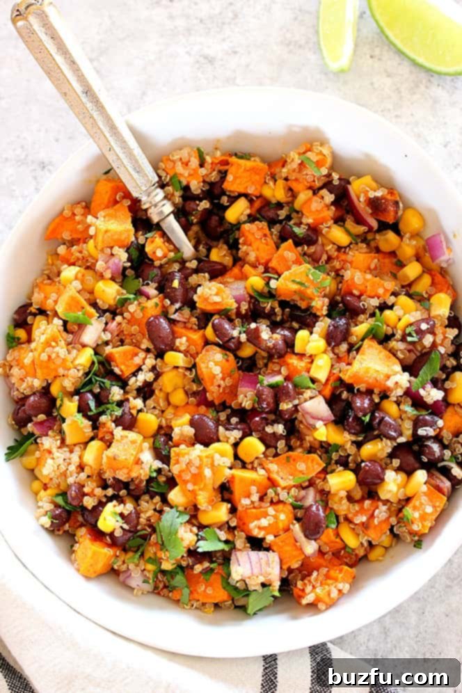 quinoa salad with sweet potatoes in serving bowl