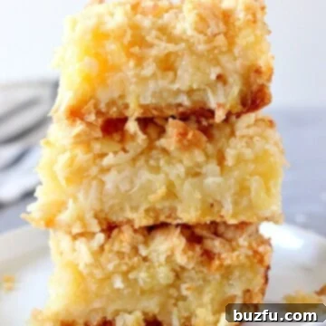 A beautiful top-down shot of golden Pineapple Coconut Crumb Bars, showcasing their irresistible crumb topping and tropical appeal.