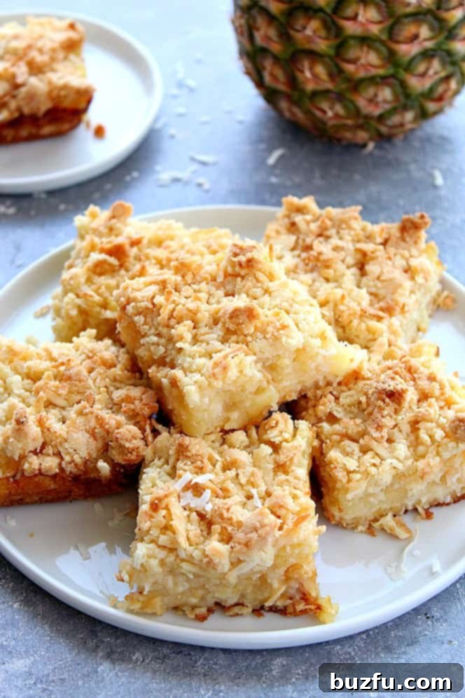 Delicious Pineapple coconut crumb bars artfully arranged on a white plate, with fresh pineapple slices and tropical flowers in the background, creating a festive and inviting atmosphere.