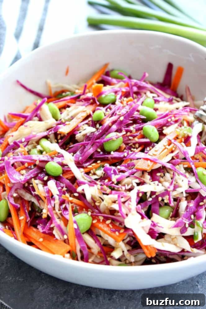 Close up of Asian Slaw in a white bowl. 